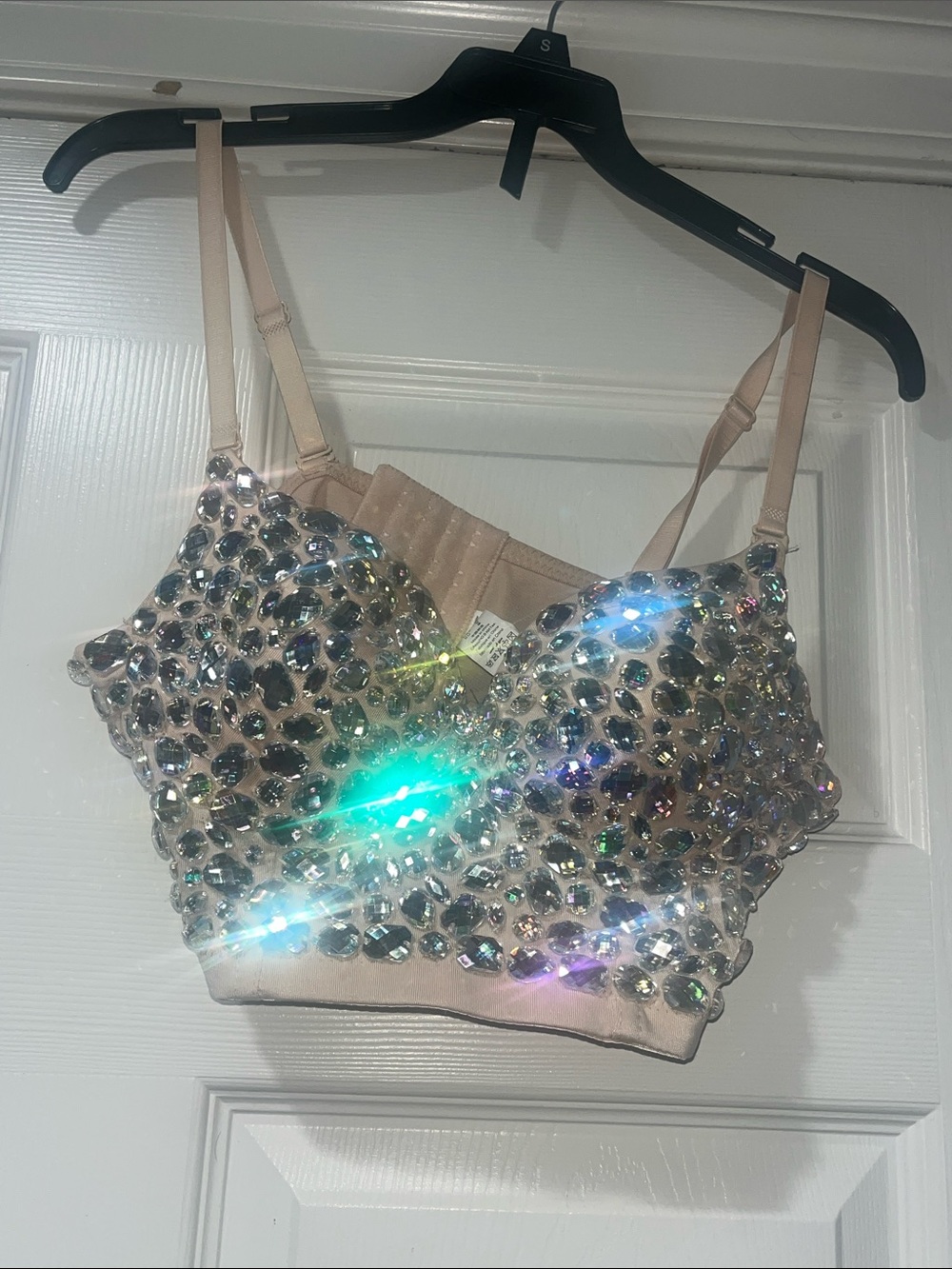 SHEIN Beige Rhinestone Embellished Crop Tank Top